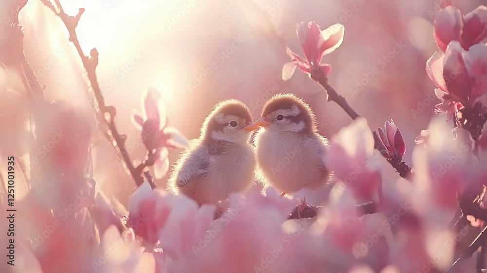 Two baby birds nestled amongst blooming pink flowers at sunrise. Two baby birds nestled amongst blooming pink flowers at sunrise.