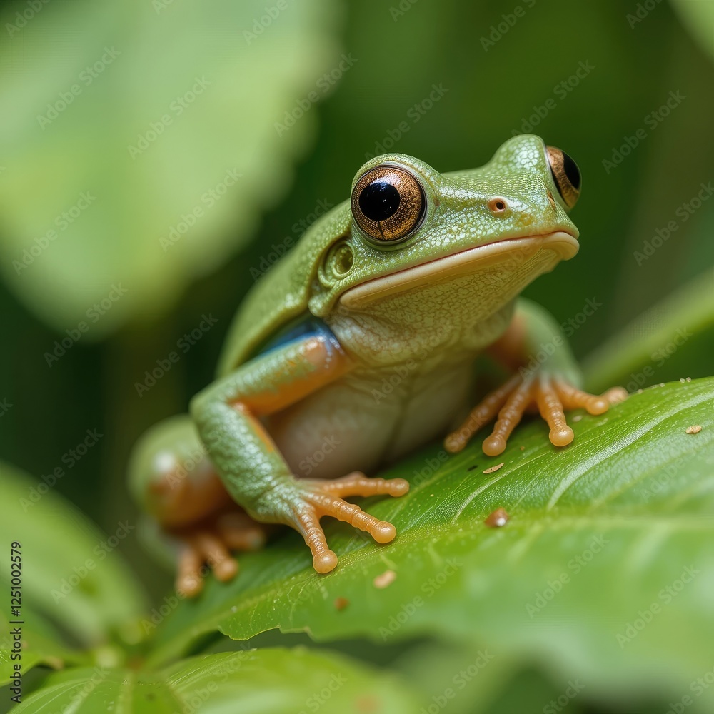 Vibrant Green Tree Frog on Lush Leaf, Close-Up Vibrant Green Tree Frog on Lush Leaf, Close-Up