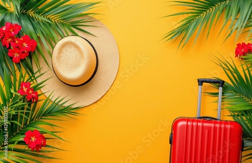 Yellow background with beautiful palm leaves, flowers, hat and red luggage  photo