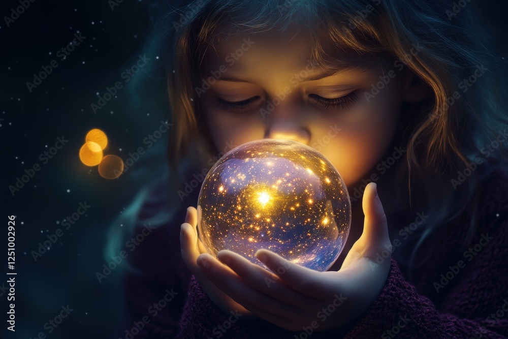 Naklejka premium A child holding a glowing orb that contains an entire miniature universe, in shades of deep purple and gold, with awe on their face