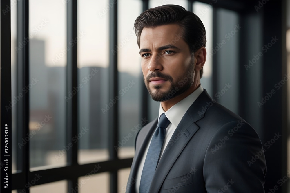 Fototapeta premium A portrait of a handsome businessman in a tailored navy suit with a tie stands confidently by large windows overlooking a city skyline