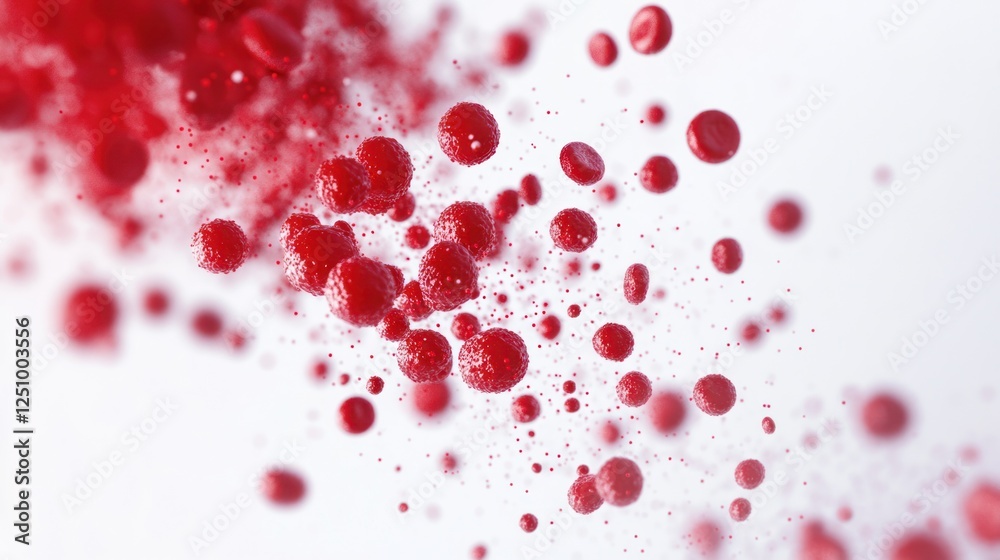 Abstract red spheres floating in white space, resembling blood cells or particles. Abstract red spheres floating in white space, resembling blood cells or particles.