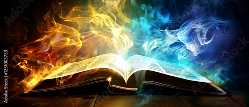 Holy bible illuminated book of faith spiritual reflection colorful flames mystical environment divine concept photo