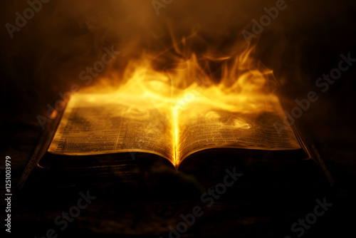 Holy bible ignited a spiritual journey through flames unveiling the sacred book's power dark atmosphere close-up view concept of faith
