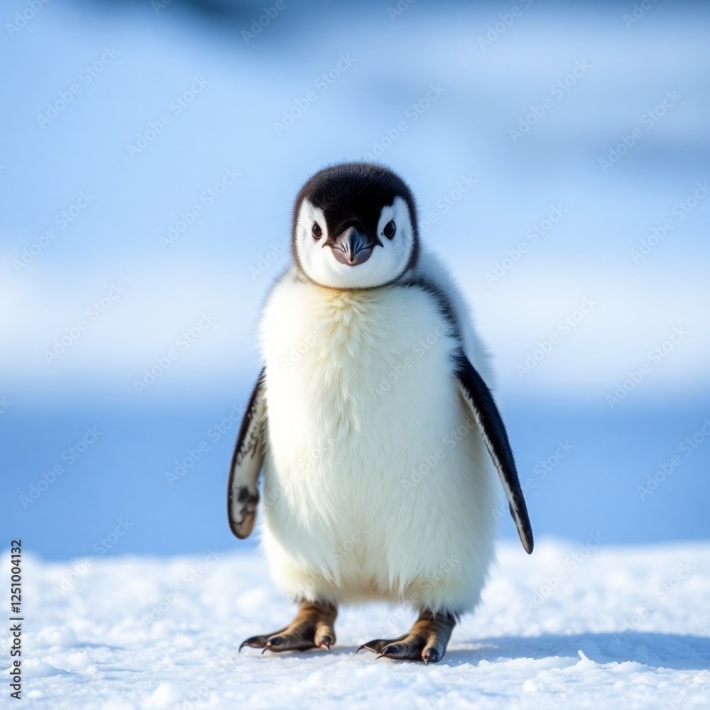 Fototapeta premium High-resolution commercial stock photo A single Emperor penguin chick standing alone on a patch of ice, looking directly at the camera. Professional quality image, emphasizing texture 