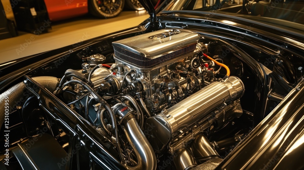 Precision engineering, close-up of a gleaming classic car engine compartment Precision engineering, close-up of a gleaming classic car engine compartment