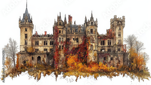 Overgrown_castle_ruins_evoke_a_sense_of_lost_grandeur,_blending_stonework_with_autumnal_foliage_against_a_stark_white_backdrop.