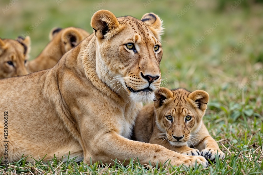 Fototapeta premium Lioness with her cub resting together in the wild grass