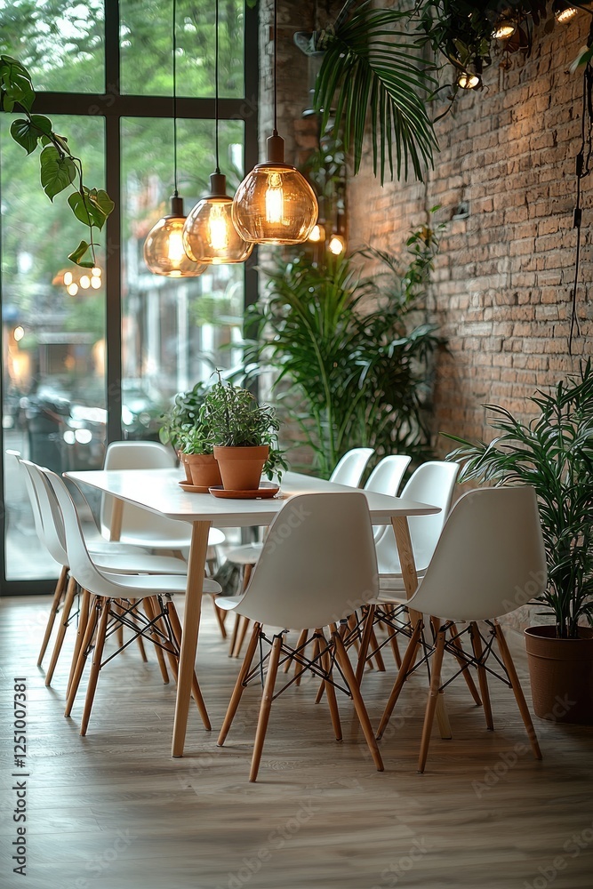 Fototapeta premium Modern Dining Room Decor With Plants and Lighting