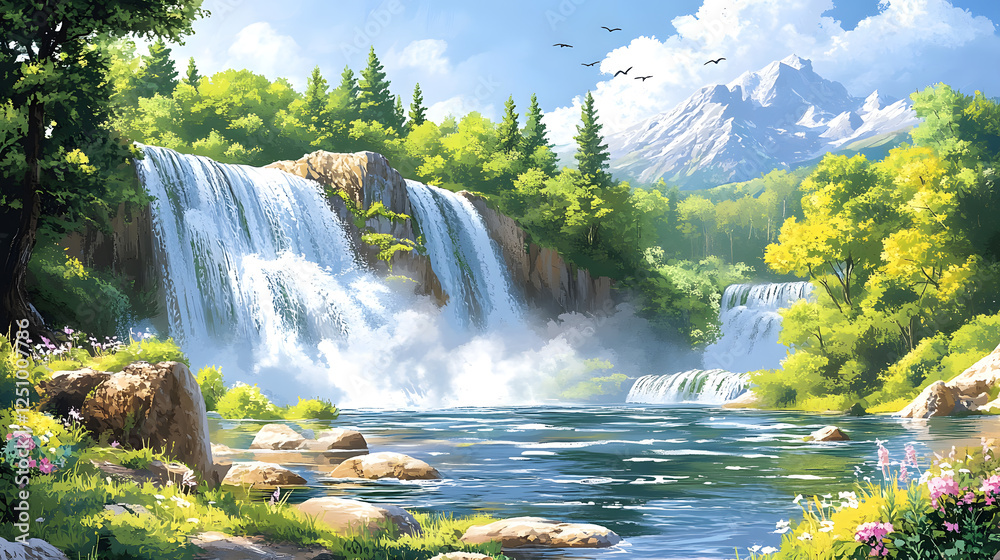 Fototapeta premium Serene Waterfall Landscape with Majestic Mountain in the Background