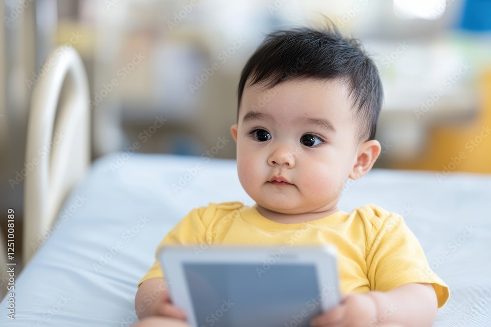 Baby Boy Engaged with Tablet Device in Healthcare Environment, Focused and Curious Baby Boy Engaged with Tablet Device in Healthcare Environment, Focused and Curious