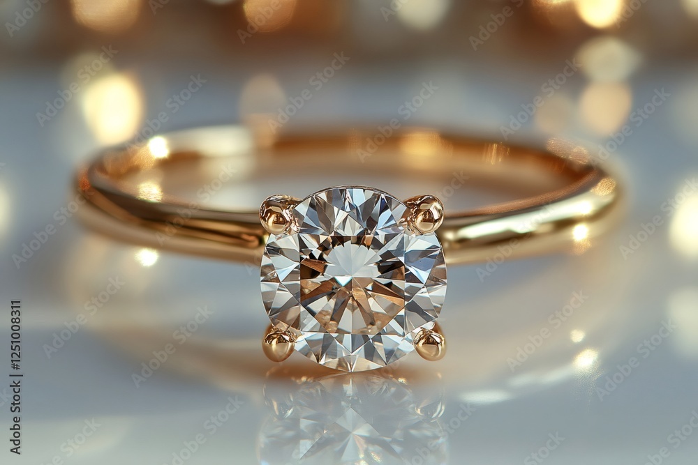 Shiny gold ring showing large brilliant diamond reflecting golden bokeh lights Shiny gold ring showing large brilliant diamond reflecting golden bokeh lights