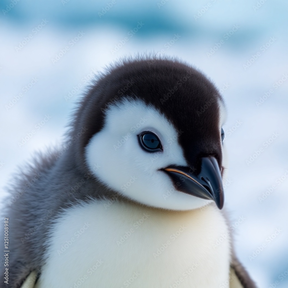 Naklejka premium High-resolution commercial stock photo Close-up of an Emperor penguin chick, its soft downy feathers visible, with a slightly blurred background of ice and snow. Professional quality, natural light