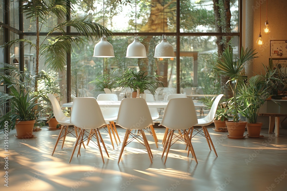 Fototapeta premium Sunlit Dining Area With White Chairs And Lush Greenery