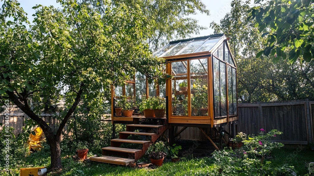 Charming Greenhouse Nestled in a Lush Garden Setting on a Sunny Day Charming Greenhouse Nestled in a Lush Garden Setting on a Sunny Day