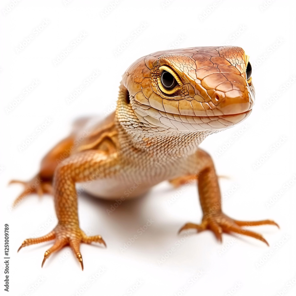 Fototapeta premium Golden brown skink lizard with intricate scale patterns, showcasing its bright eyes and small claws, isolated on a white background.