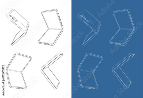 Set Blueprint Technical Drawing of a Flip Smartphone. Industrial Foldable Phone Sketch