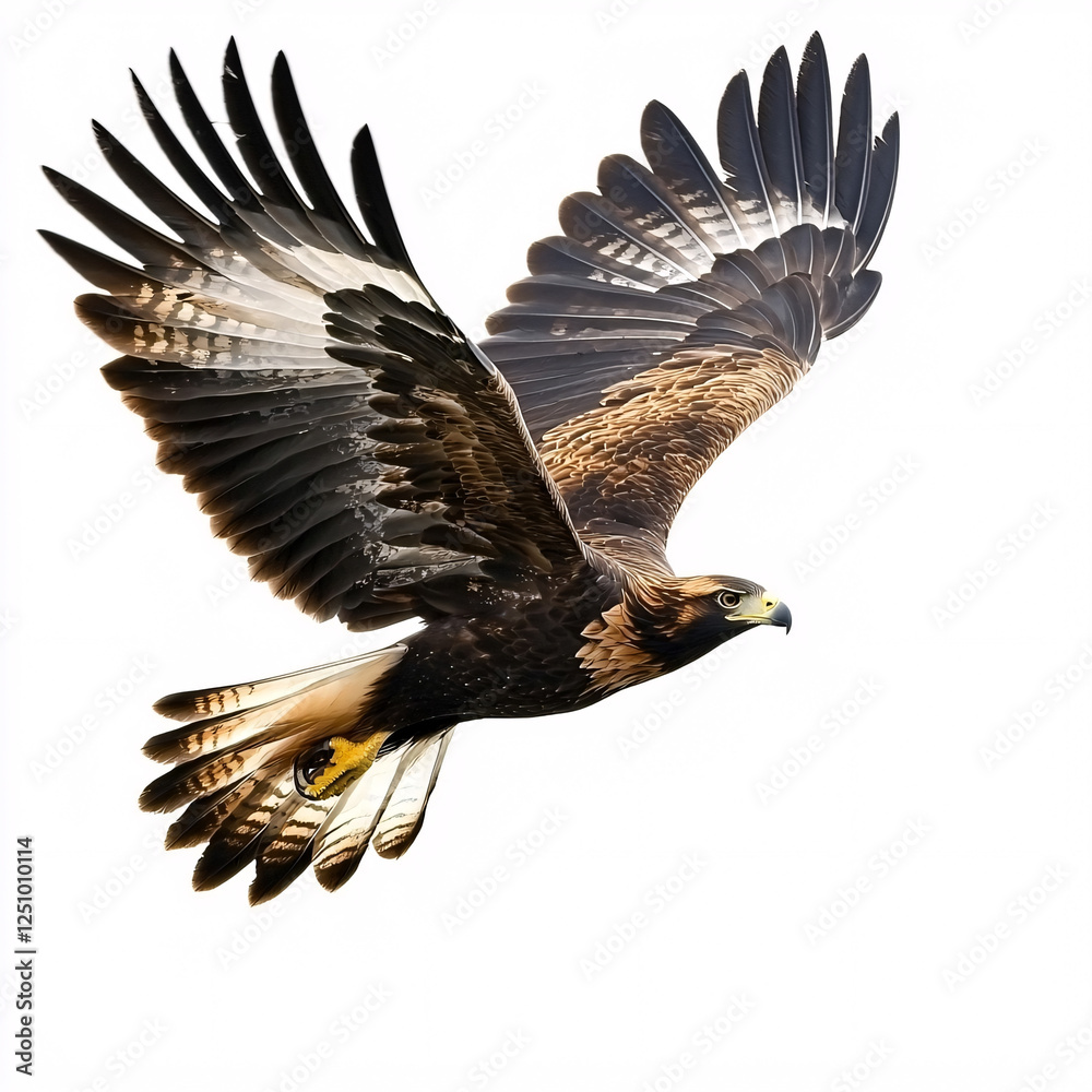Obraz premium Golden eagle soars with majestic spread wings against a pure white backdrop, showcasing its plumage.