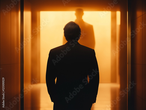 Mysterious encounter in a backlit hallway with two silhouetted figures

 photo