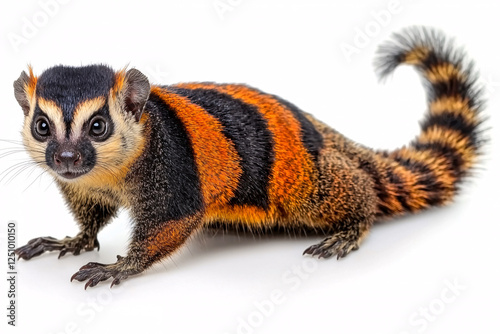 Striking striped squirrel-like creature with orange and black bands, furry tail, and curious gaze against a white backdrop. photo