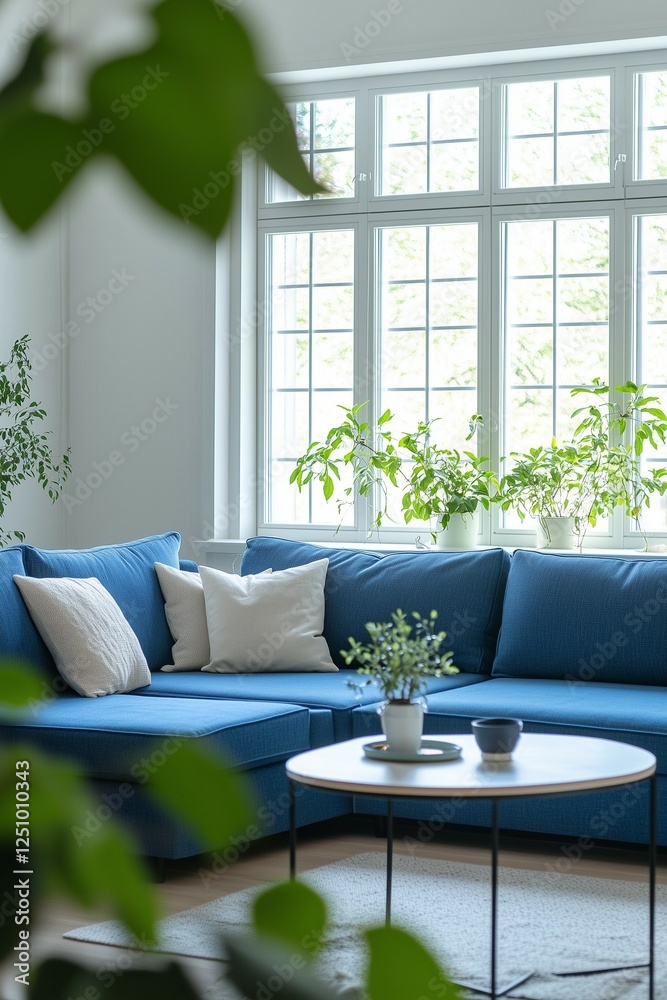 Beautiful living room interior with a blue sofa and coffee table near a window in a white modern home Beautiful living room interior with a blue sofa and coffee table near a window in a white modern home