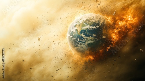 Exploding Earth, space debris, fiery apocalypse, disaster concept