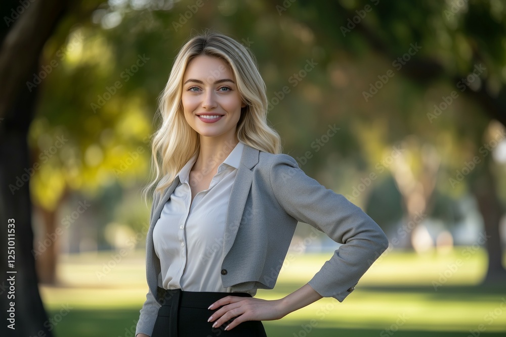Portrait of a beautiful, smiling business woman wearing a casual outfit and standing in an outdoor park. She is looking at the camera and posing with her hand on her hip Portrait of a beautiful, smiling business woman wearing a casual outfit and standing in an outdoor park. She is looking at the camera and posing with her hand on her hip