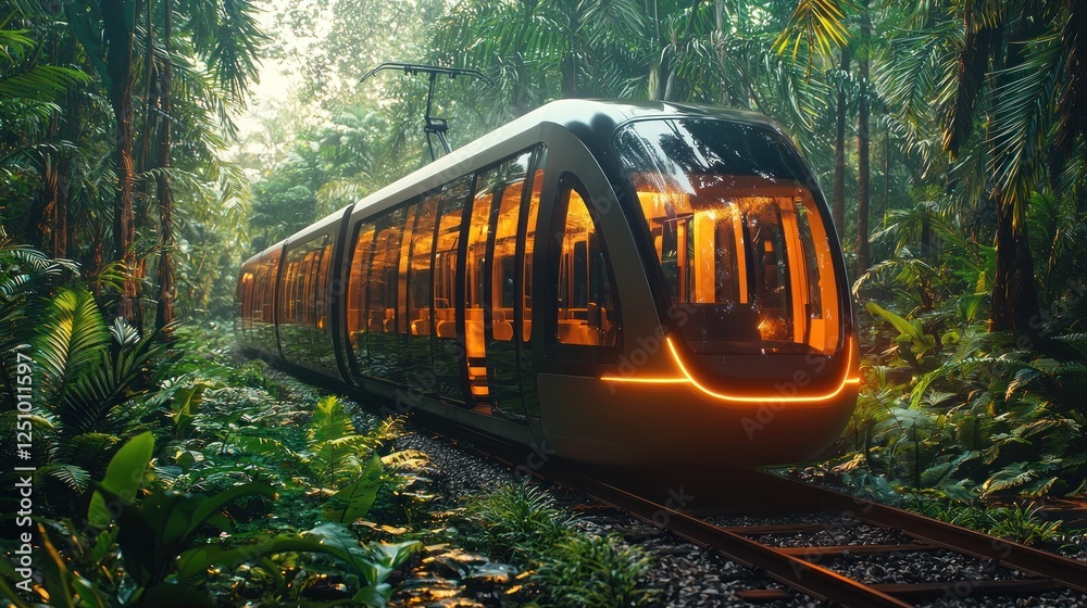 Fototapeta premium Modern tram gliding through lush tropical rainforest, vibrant foliage surrounding tracks