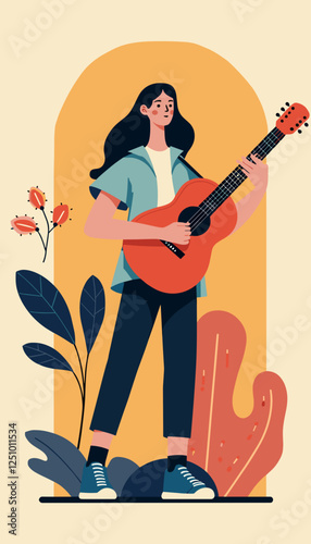 Young woman playing guitar outdoors with a vibrant and artistic backdrop