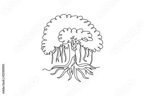 Single continuous line drawing shady and leafy banyan tree. Decorative ficus benghalensis plant concept for wall decor home art poster print. Dynamic one line draw graphic design vector illustration