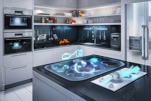 Ultra-modern kitchen with a floating AI-controlled island, smart stove with automatic temperature control, and touch-sensitive cabinets photo