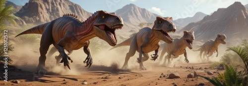 Allosaurus chasing after a herd of early ceratopsian dinosaurs, allosaurus chase, predation, desert landscape photo