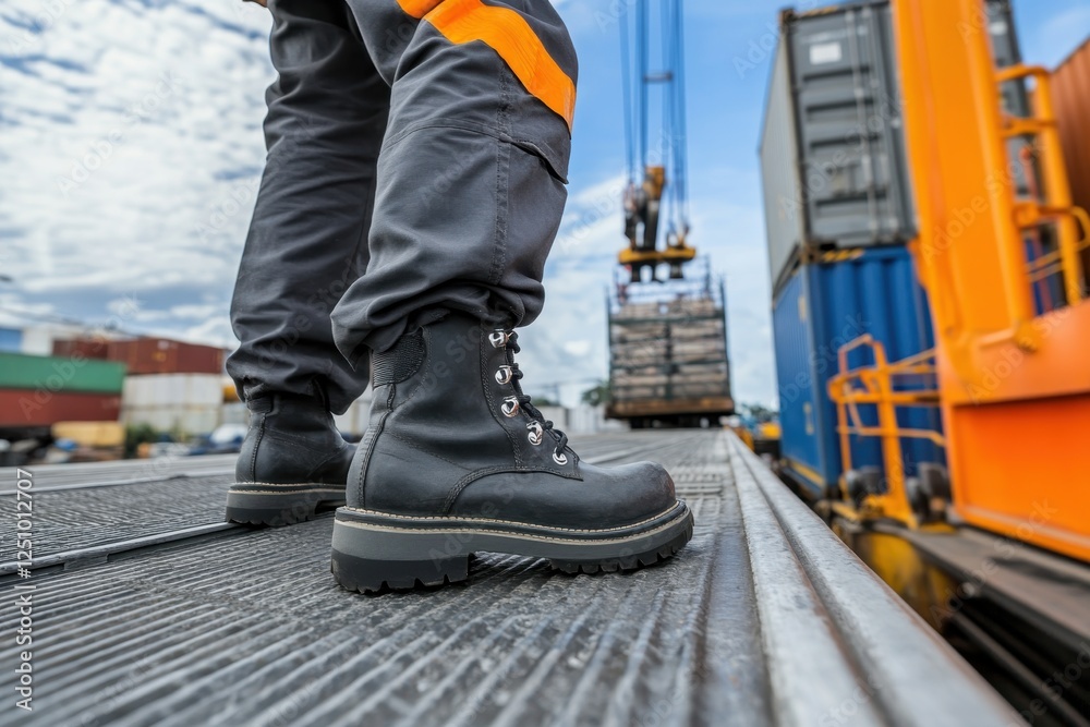 Worker's boots on a loading dock, with cargo and crane in background, during operations at a shipping port. Worker's boots on a loading dock, with cargo and crane in background, during operations at a shipping port.