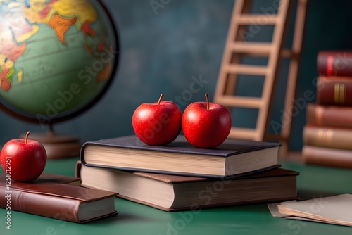 A vintage-style world map with red apples placed on top of books, surrounded by other retro items like an old globe and wooden ladders photo