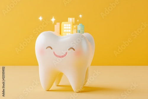 Illustration of a cute, smiling tooth with a city floating on it photo