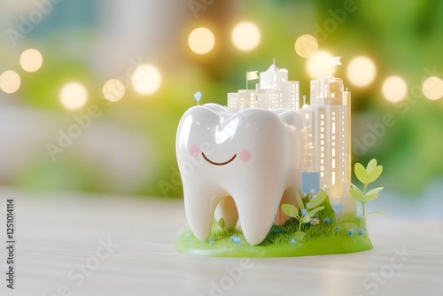 Illustration of a cute, smiling tooth with a city floating on it photo