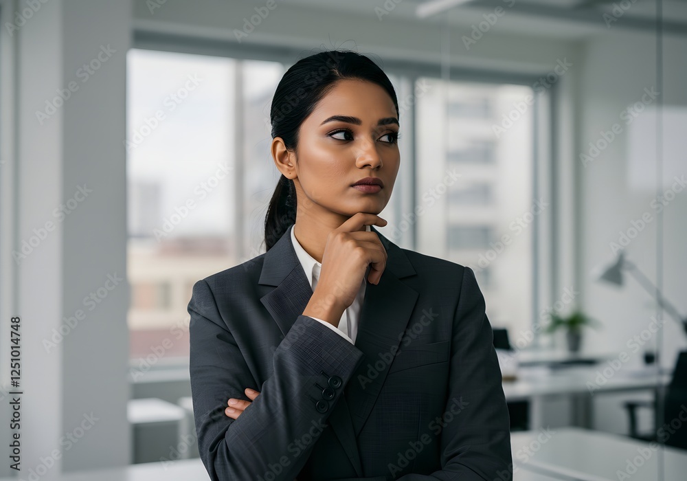 Thoughtful doubtful young professional business woman ceo corporate leader, female manager executive wearing suit standing in office looking away, thinking of business goals. Generative AI Thoughtful doubtful young professional business woman ceo corporate leader, female manager executive wearing suit standing in office looking away, thinking of business goals. Generative AI