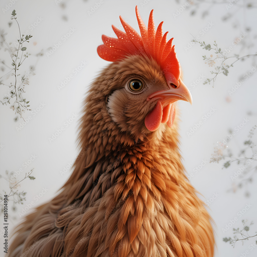 beautiful red chicken against grey background. Ai generated