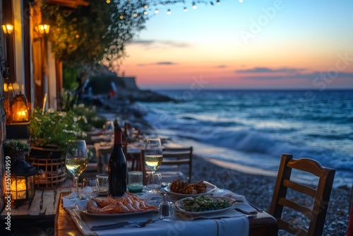 Fototapeta Naklejka Na Ścianę i Meble -  Romantic dinner by the sea at sunset with wine and seafood