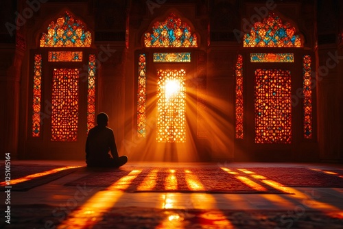 Muslim man praying in mosque at golden hour with sunbeams shining through stained glass windows