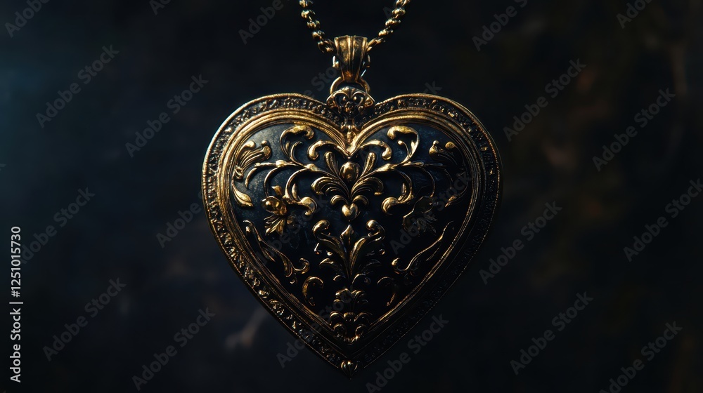Ornate Black and Gold Heart Locket Pendant Necklace