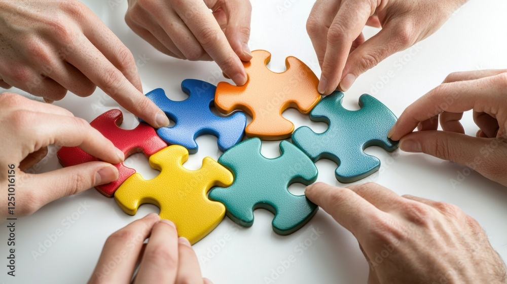 Team hands holding jigsaw puzzle pieces together, symbolizing business partnership and creative problem-solving. Generative AI Team hands holding jigsaw puzzle pieces together, symbolizing business partnership and creative problem-solving. Generative AI