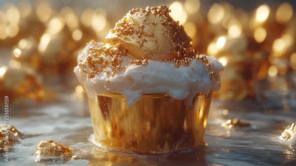 Golden ice cream dessert in gold cup, bokeh background, luxury food