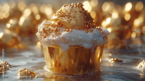 Obraz na płótnie Golden ice cream dessert in gold cup, bokeh background, luxury food w salonie
