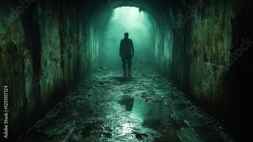 Man walking through dark, damp tunnel; mystery, suspense