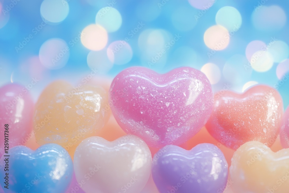 Obraz premium Pastel Glitter Hearts on Blue Bokeh Background