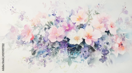 12.A gentle watercolor composition of a bouquet of spring flowers in light tones of pink, lavender, and white, placed on a simple, pale background. The loose brushwork gives the flowers a fresh and