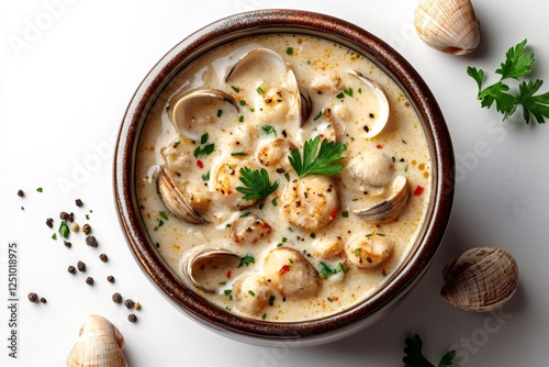 Creamy new england clam chowder with scallops and fresh parsley photo