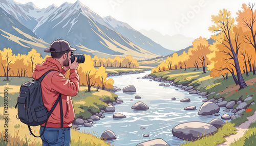 Photographer capturing landscape with mountains and river, artistic pursuit