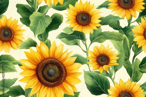 Sunflowers blooming seamless pattern, vibrant yellow petals and green leaves